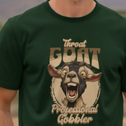 Green rude offensive t-shirt with a graphic of a goat and the text 
