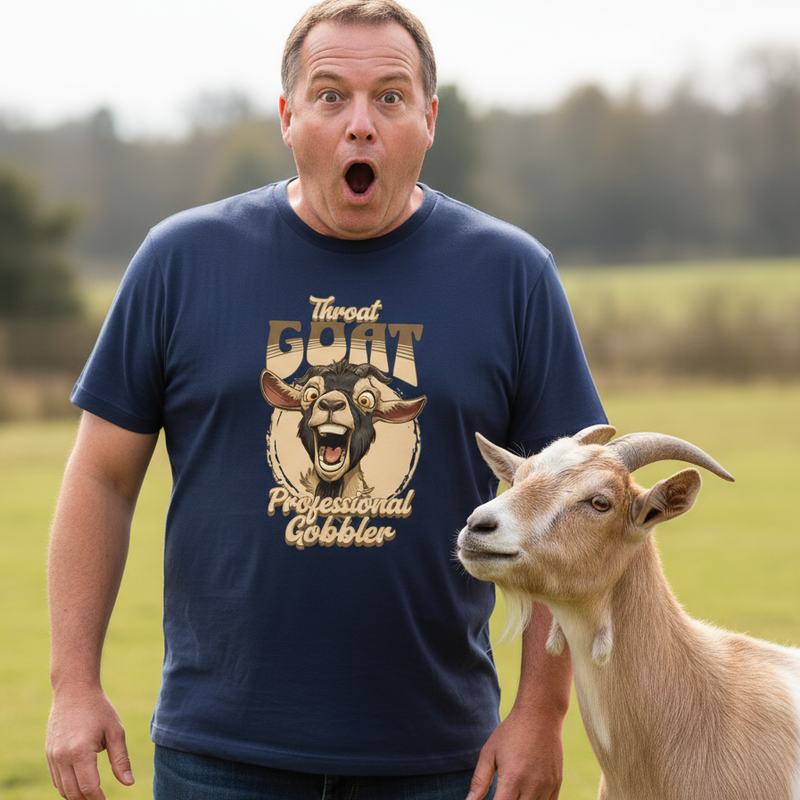 Man wearing a offensive graphic throat goat t-shirt with a goat graphic and text, standing next to a goat in an outdoor setting.