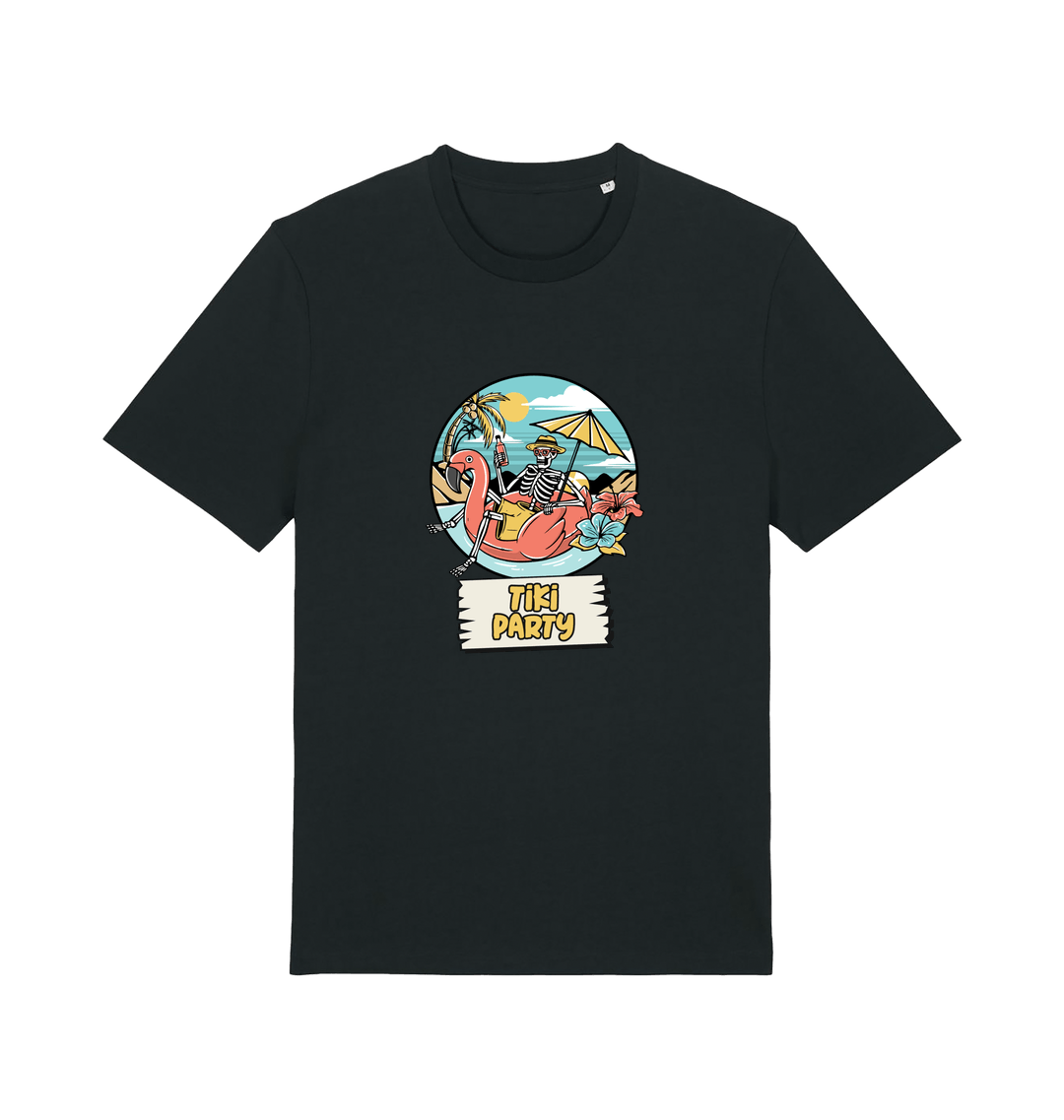 black graphic t-shirt with a skeleton sat on an inflatable and the slogan 'tiki paty'