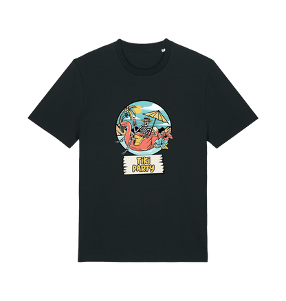 black graphic t-shirt with a skeleton sat on an inflatable and the slogan 'tiki paty'