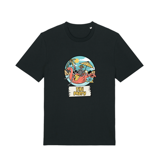 black graphic t-shirt with a skeleton sat on an inflatable and the slogan 'tiki paty'