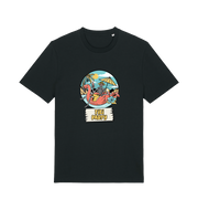 black graphic t-shirt with a skeleton sat on an inflatable and the slogan 'tiki paty'