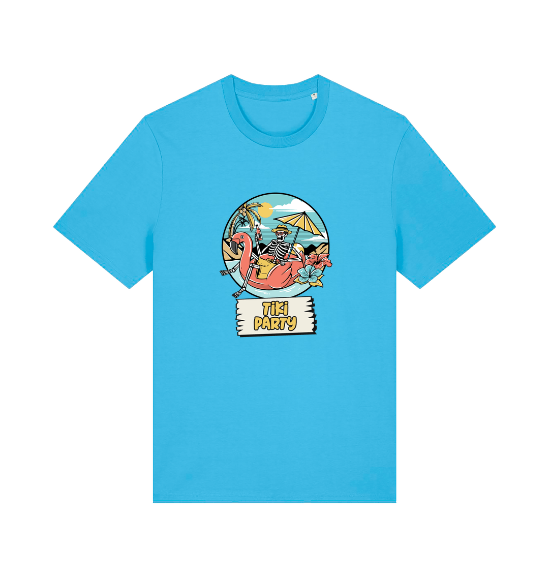 blue graphic t-shirt with a skeleton sat on an inflatable and the slogan 'tiki paty'