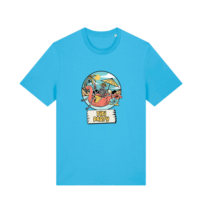 blue graphic t-shirt with a skeleton sat on an inflatable and the slogan 'tiki paty'
