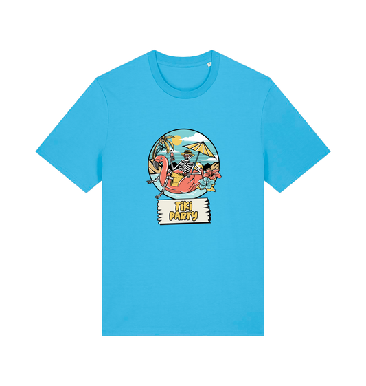 blue graphic t-shirt with a skeleton sat on an inflatable and the slogan 'tiki paty'