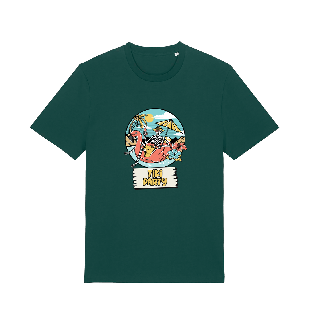 green graphic t-shirt with a skeleton sat on an inflatable and the slogan 'tiki paty'
