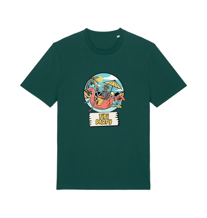 green graphic t-shirt with a skeleton sat on an inflatable and the slogan 'tiki paty'