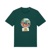 green graphic t-shirt with a skeleton sat on an inflatable and the slogan 'tiki paty'