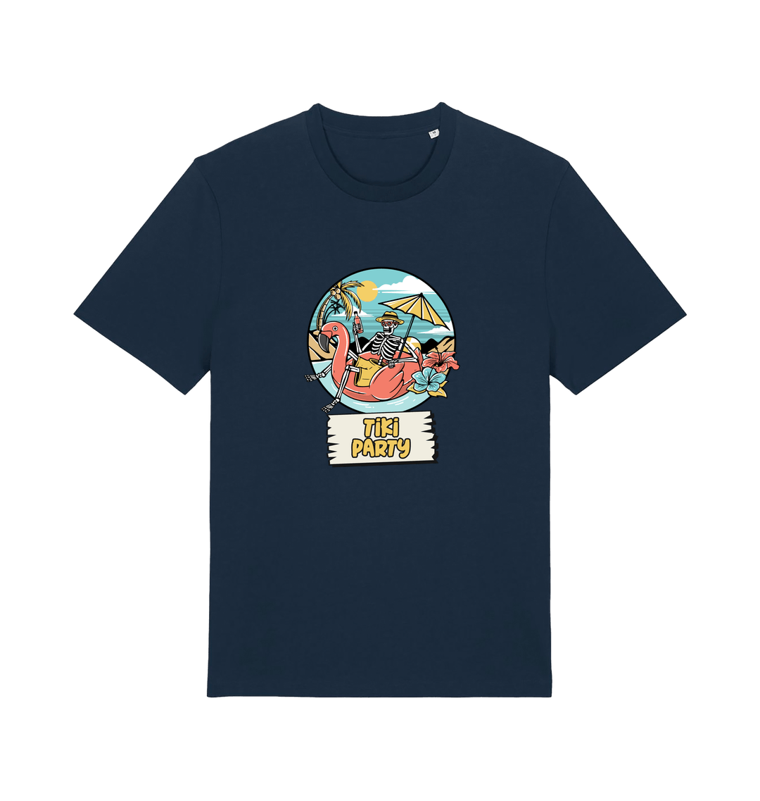 navy graphic t-shirt with a skeleton sat on an inflatable and the slogan 'tiki paty'