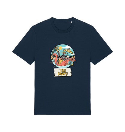 navy graphic t-shirt with a skeleton sat on an inflatable and the slogan 'tiki paty'
