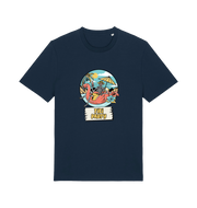 navy graphic t-shirt with a skeleton sat on an inflatable and the slogan 'tiki paty'