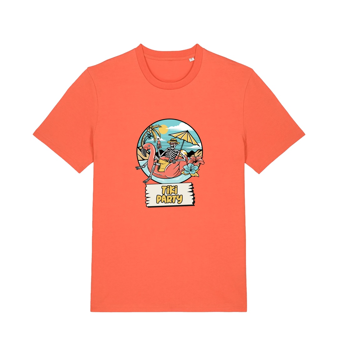 orange graphic t-shirt with a skeleton sat on an inflatable and the slogan 'tiki paty'