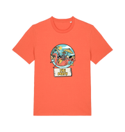 orange graphic t-shirt with a skeleton sat on an inflatable and the slogan 'tiki paty'