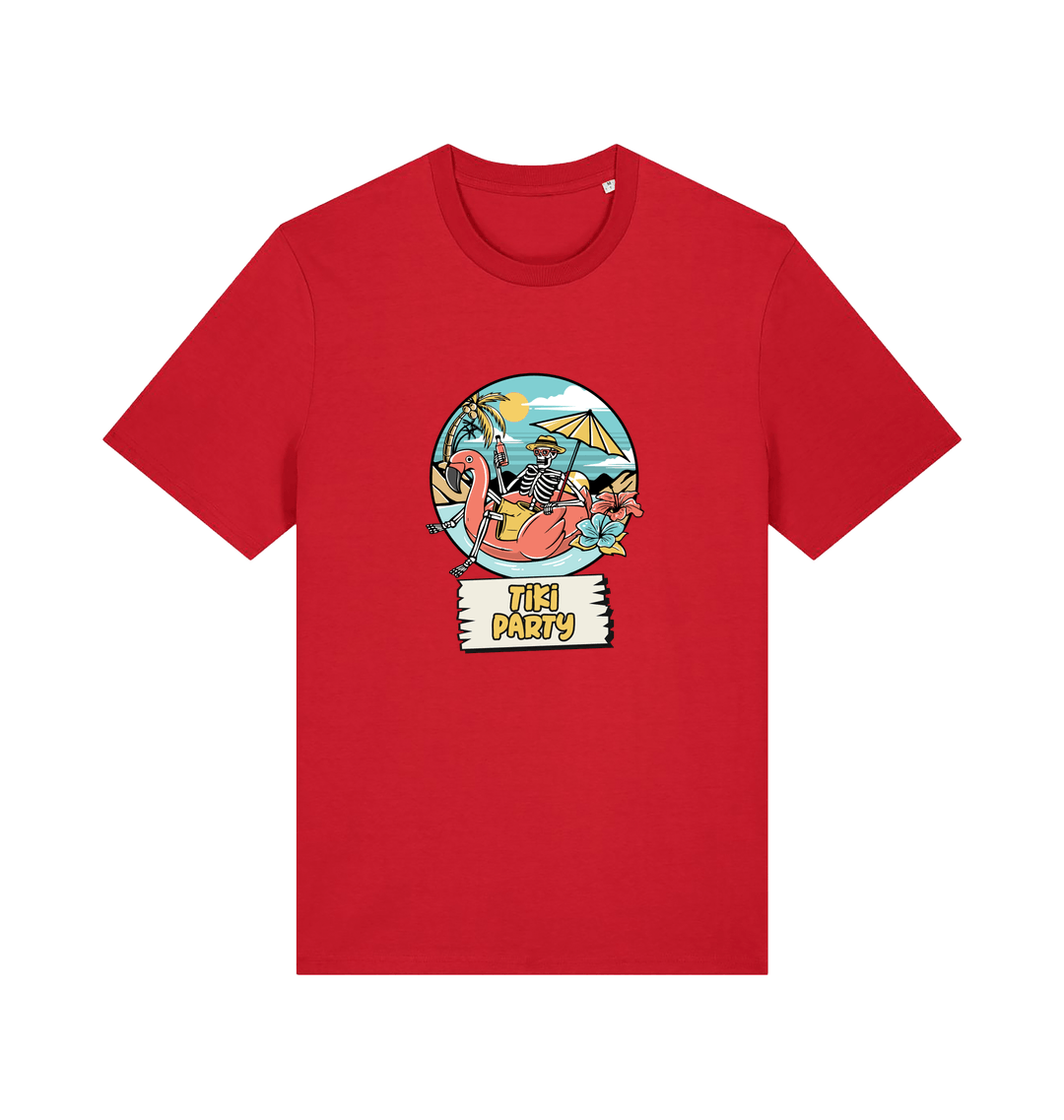red graphic t-shirt with a skeleton sat on an inflatable and the slogan 'tiki paty'