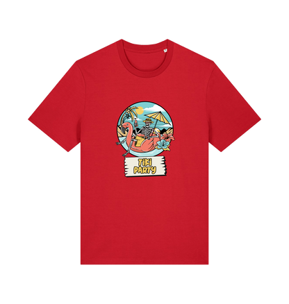 red graphic t-shirt with a skeleton sat on an inflatable and the slogan 'tiki paty'