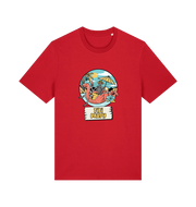 red graphic t-shirt with a skeleton sat on an inflatable and the slogan 'tiki paty'