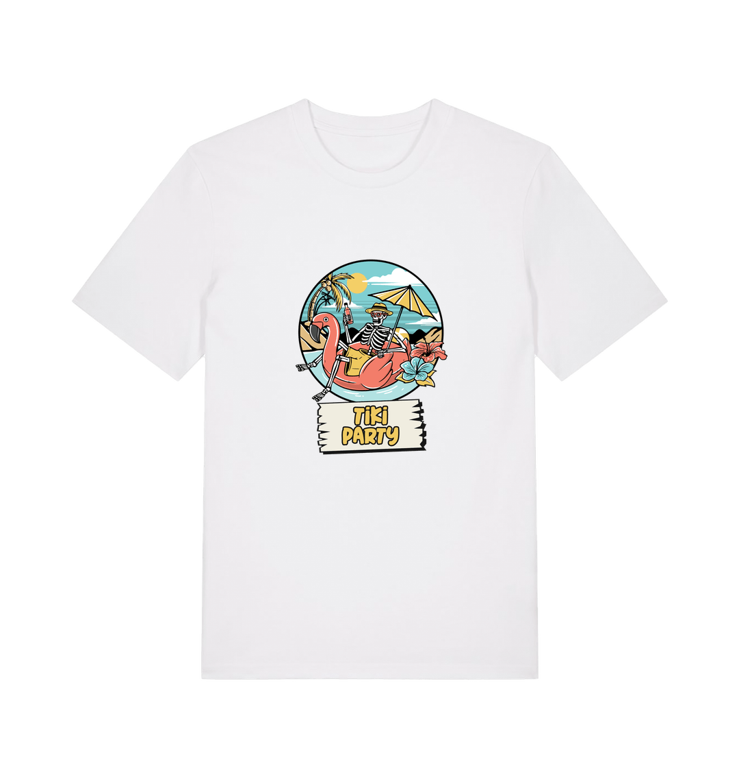 white graphic t-shirt with a skeleton sat on an inflatable and the slogan 'tiki paty'