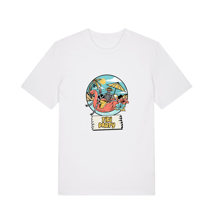 white graphic t-shirt with a skeleton sat on an inflatable and the slogan 'tiki paty'