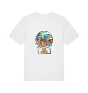 white graphic t-shirt with a skeleton sat on an inflatable and the slogan 'tiki paty'