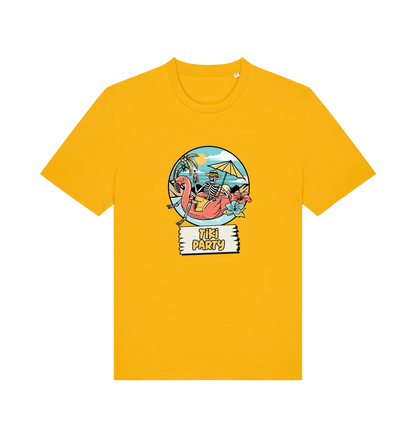 yellow graphic t-shirt with a skeleton sat on an inflatable and the slogan 'tiki paty'