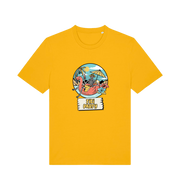 yellow graphic t-shirt with a skeleton sat on an inflatable and the slogan 'tiki paty'