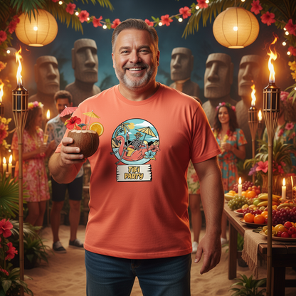 Man in an orange t-shirt with a 'Tiki Party' design, holding a coconut drink, in a tropical setting with statues and decorations.