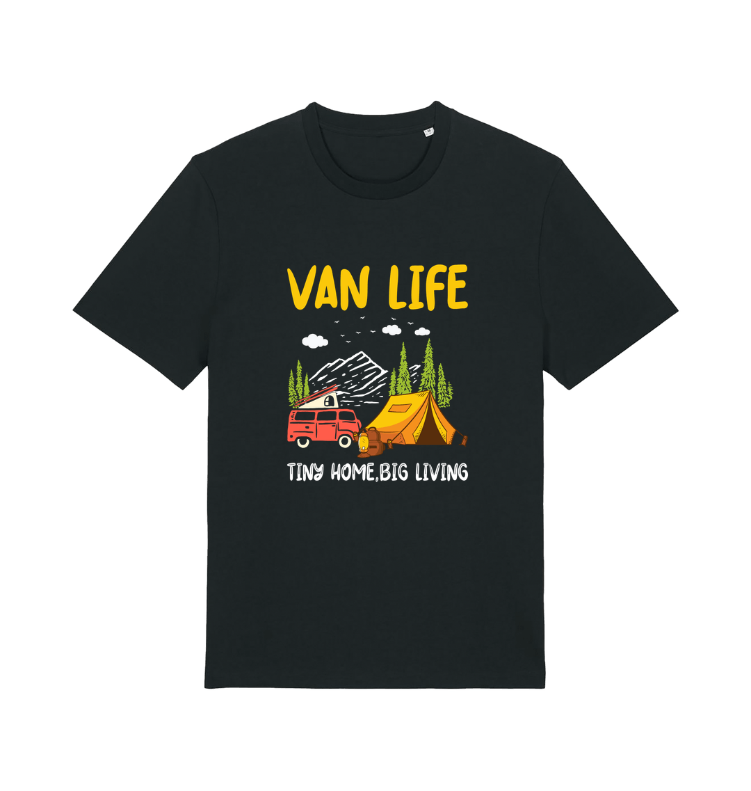 black graphic t-shirt with a campervan and the slogan 'van life tiny home big living'