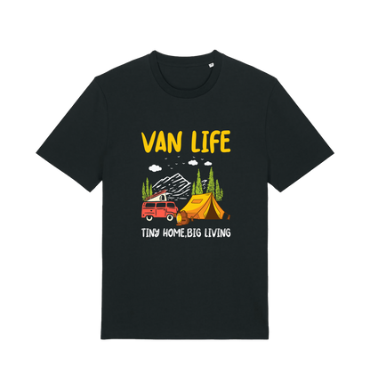 black graphic t-shirt with a campervan and the slogan 'van life tiny home big living'