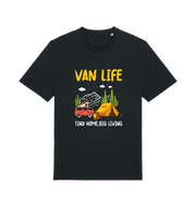 black graphic t-shirt with a campervan and the slogan 'van life tiny home big living'