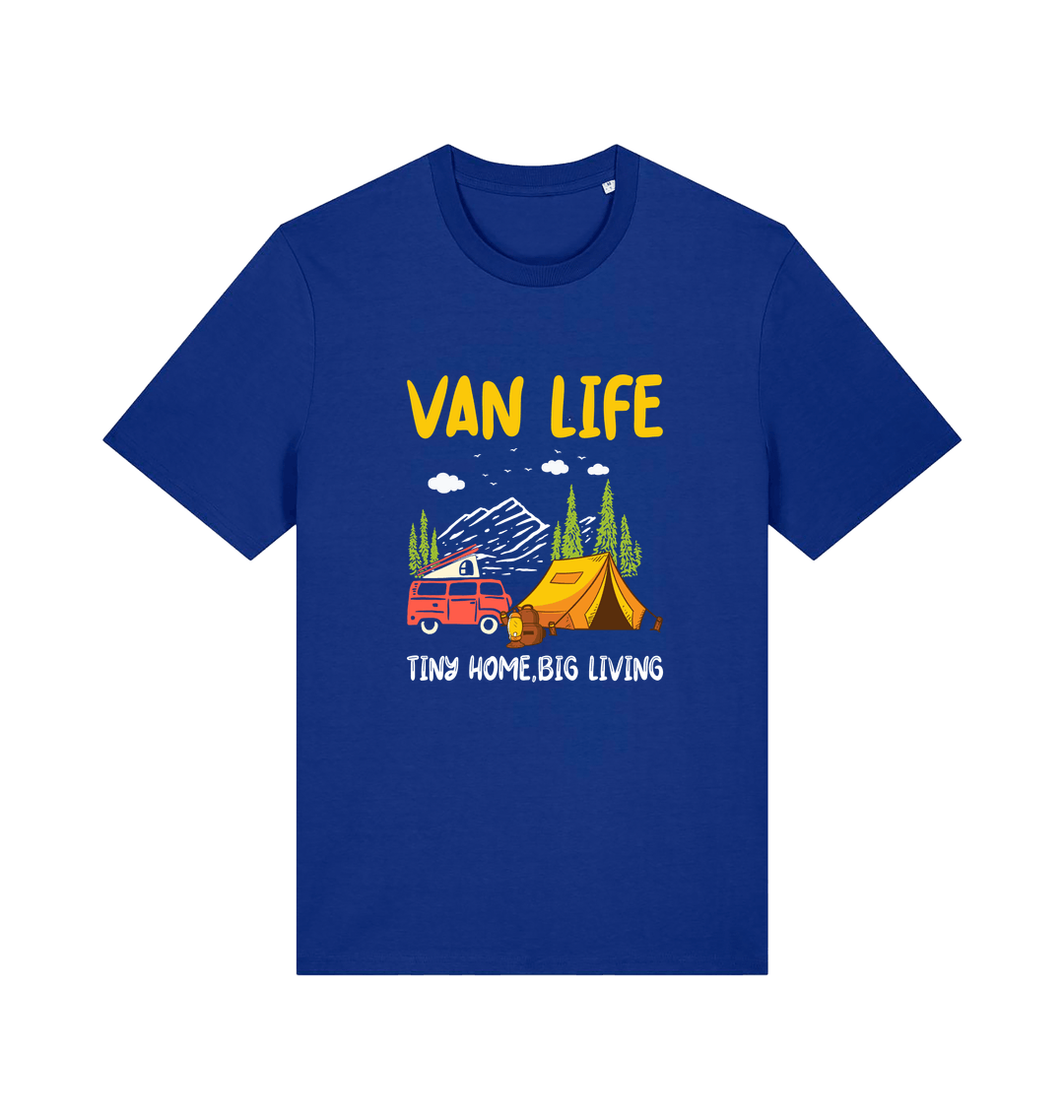 blue graphic t-shirt with a campervan and the slogan 'van life tiny home big living'