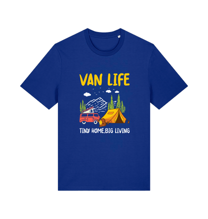 blue graphic t-shirt with a campervan and the slogan 'van life tiny home big living'