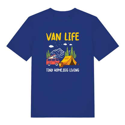 blue graphic t-shirt with a campervan and tent design and the slogan 'van life tiny home, big living'