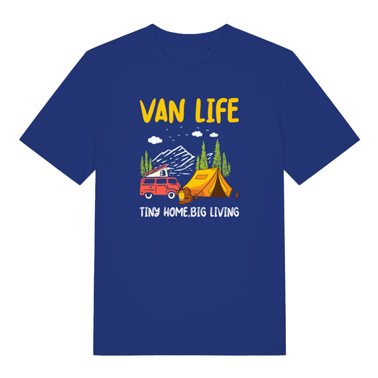 blue graphic t-shirt with a campervan and tent design and the slogan 'van life tiny home, big living'
