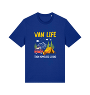 blue graphic t-shirt with a campervan and the slogan 'van life tiny home big living'