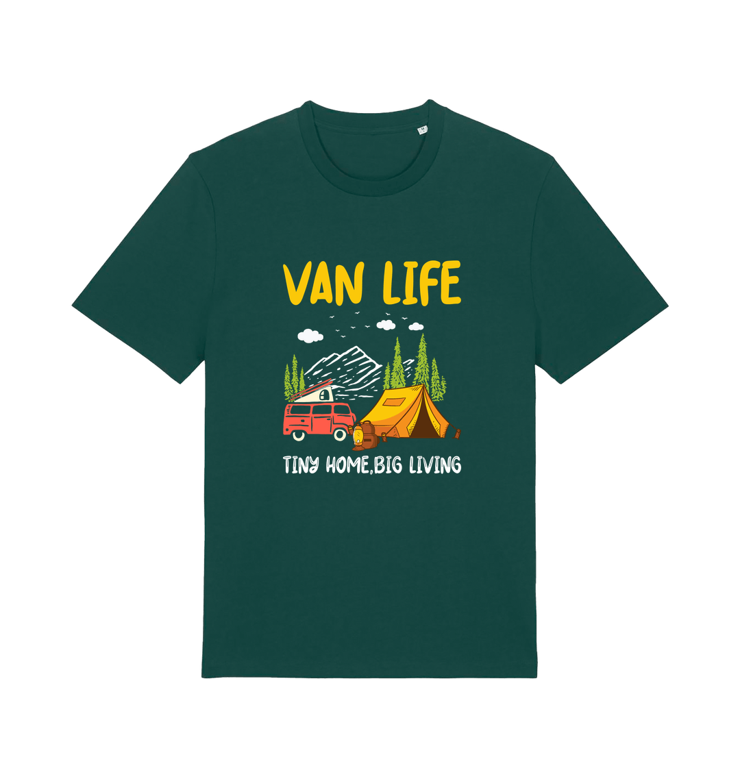green graphic t-shirt with a campervan and the slogan 'van life tiny home big living'