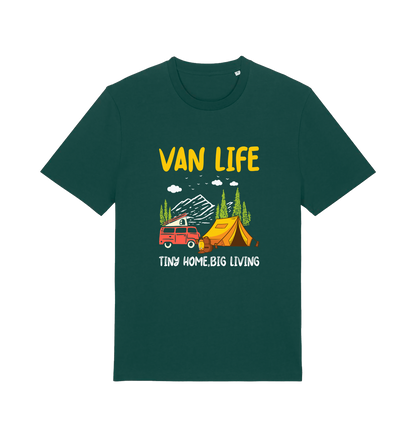 green graphic t-shirt with a campervan and the slogan 'van life tiny home big living'