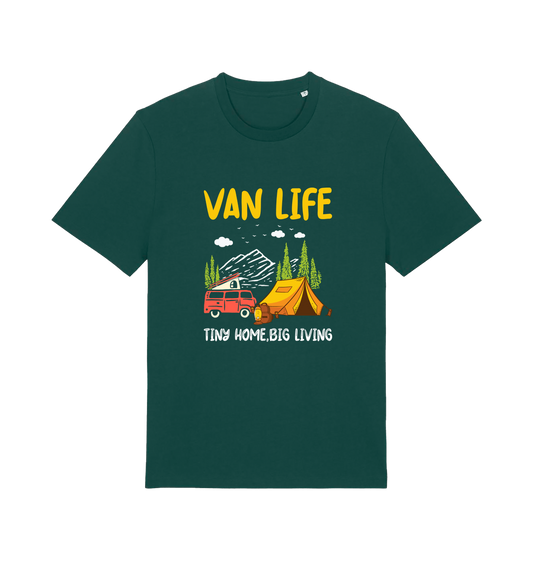 green graphic t-shirt with a campervan and the slogan 'van life tiny home big living'