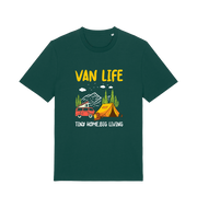 green graphic t-shirt with a campervan and the slogan 'van life tiny home big living'