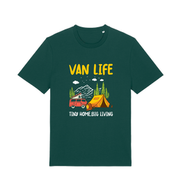 green graphic t-shirt with a campervan and the slogan 'van life tiny home big living'