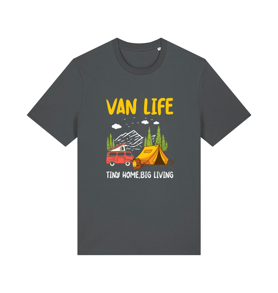 grey graphic t-shirt with a campervan and the slogan 'van life tiny home big living'