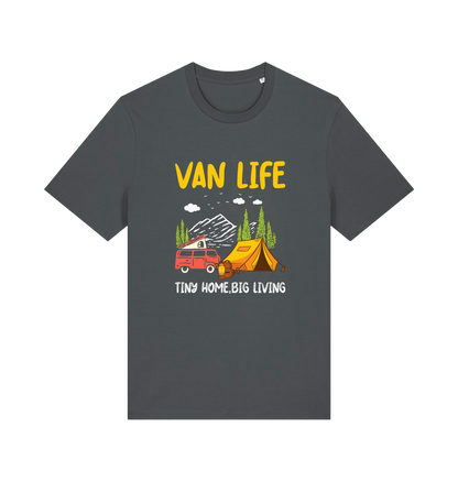 grey graphic t-shirt with a campervan and the slogan 'van life tiny home big living'