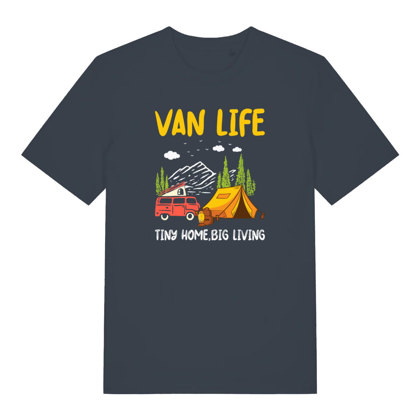 ink grey graphic t-shirt with a campervan and tent design and the slogan 'van life tiny home, big living'