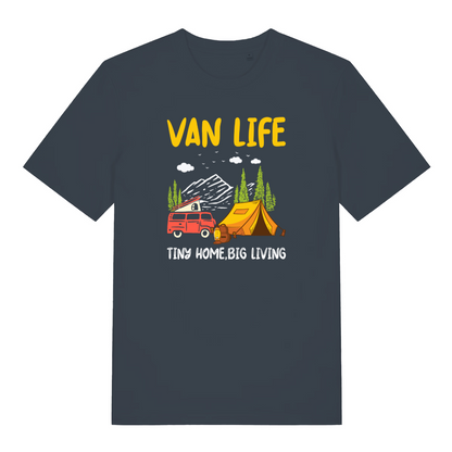 ink grey graphic t-shirt with a campervan and tent design and the slogan 'van life tiny home, big living'