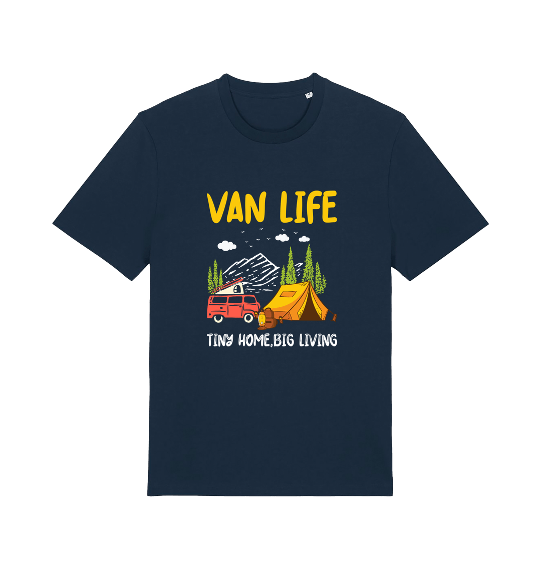 navy graphic t-shirt with a campervan and the slogan 'van life tiny home big living'