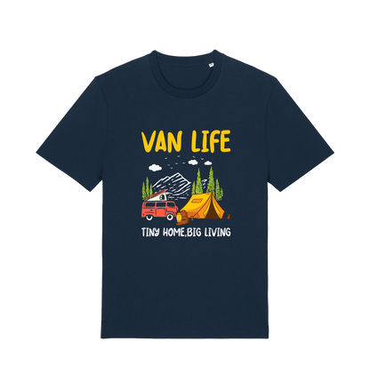 navy graphic t-shirt with a campervan and the slogan 'van life tiny home big living'