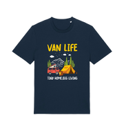 navy graphic t-shirt with a campervan and the slogan 'van life tiny home big living'