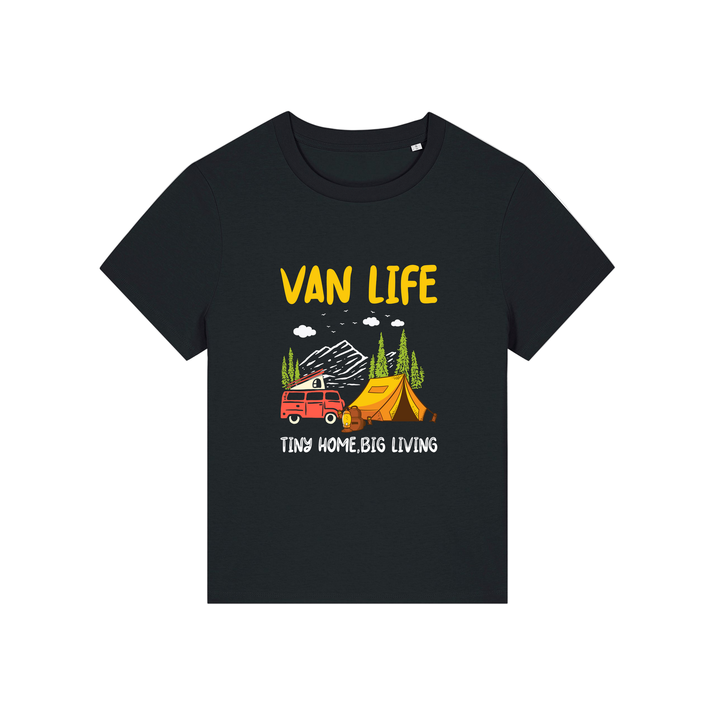 Black graphic t-shirt with 'Van Life' graphic design featuring a van and tent 