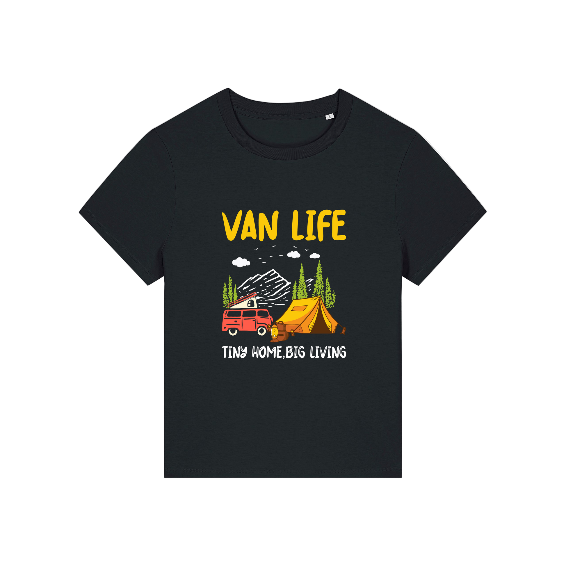 Black graphic t-shirt with 'Van Life' graphic design featuring a van and tent 