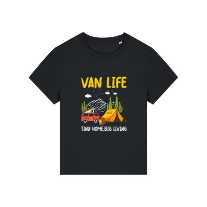 Black graphic t-shirt with 'Van Life' graphic design featuring a van and tent 