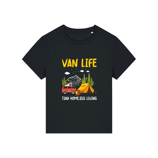 Black graphic t-shirt with 'Van Life' graphic design featuring a van and tent 